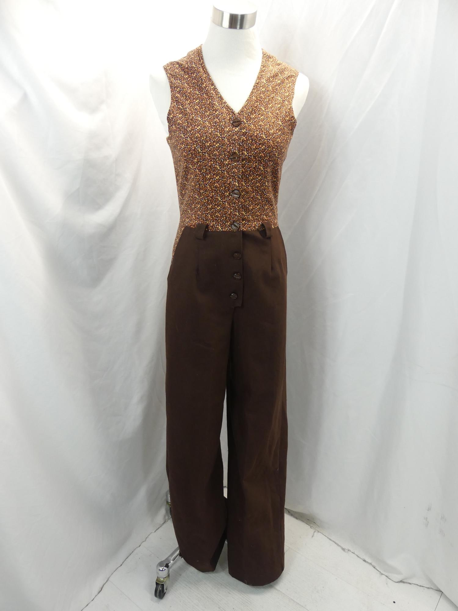 Vintage 1970's Brown Callico Cotton Jump Suit: approx. 32 bust, 26 waist, good condition, see photo's