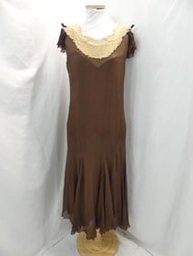 Vintage 1920's Sheer Brown Silk & Lace Evening Dress