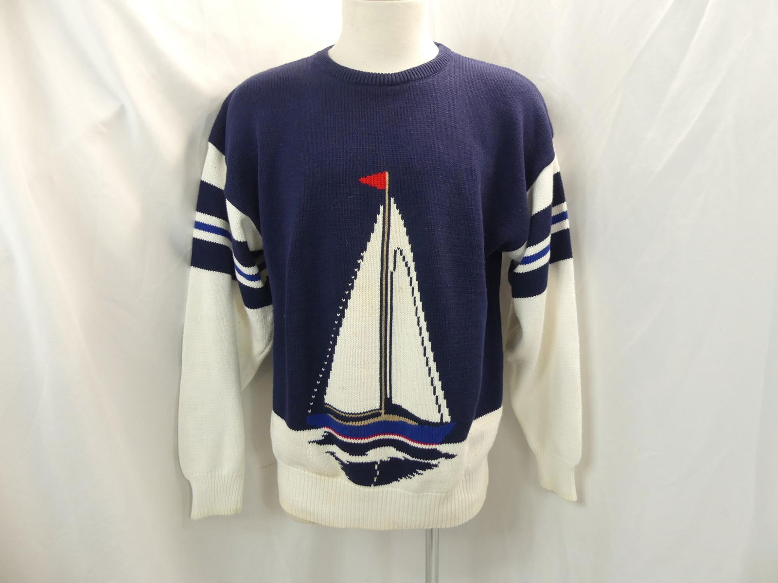 Vintage 1980's Lord & Taylor Sweater with Sail Boat: approx. 48 chest, 40 at bottom band, has some stains, see photo's