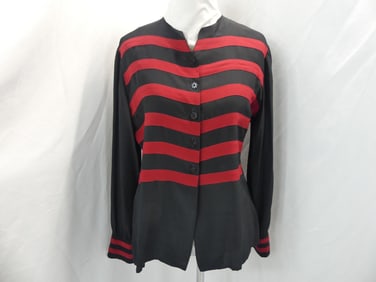 Vintage 1970's Adolfo Black & Red Stripe Silk Blouse