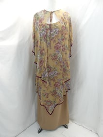 Vintage 1980's Gold Floral Chiffon Gown & Shawl Set