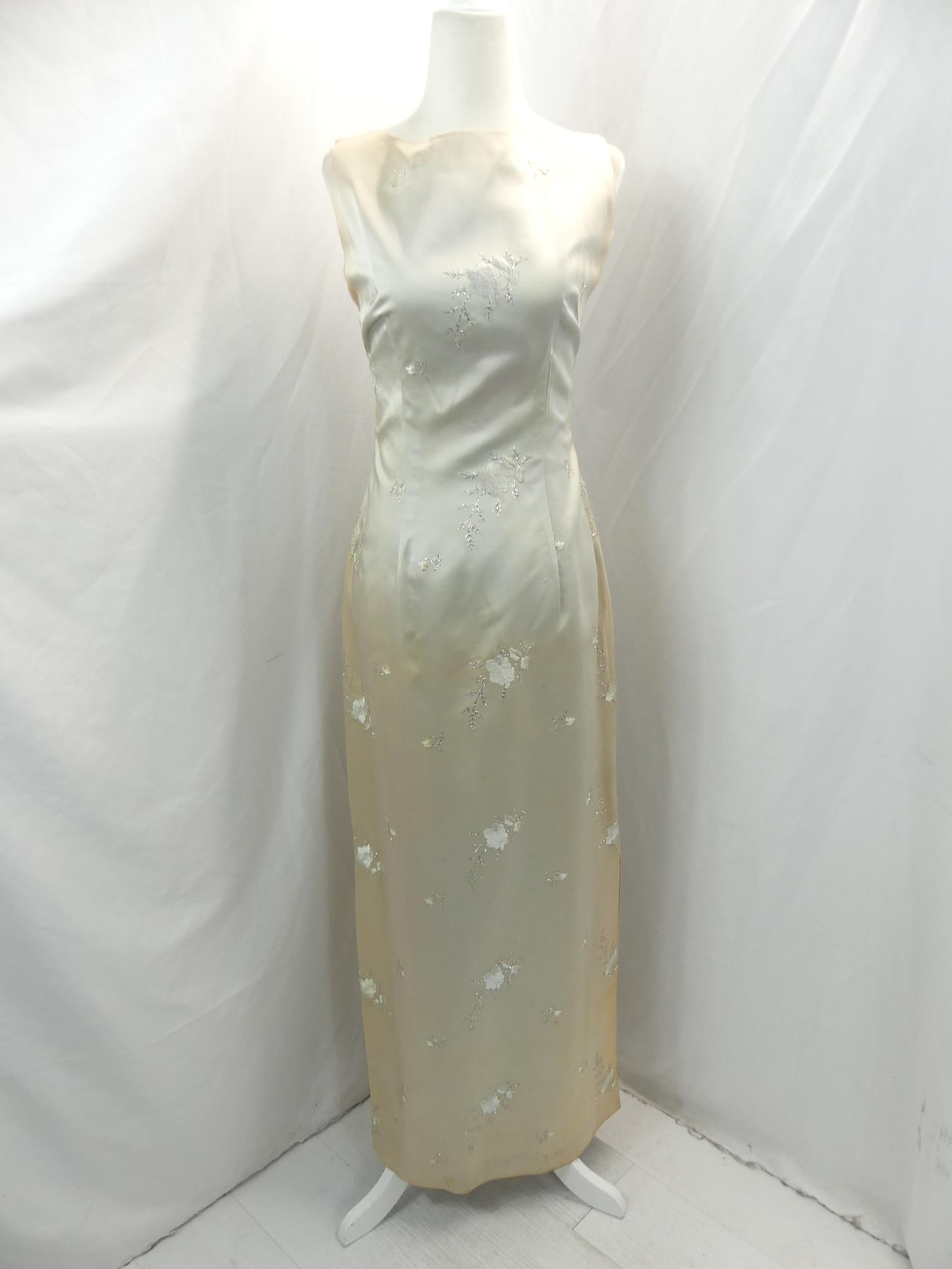 Vintage 1960's Shift Style Gown with Embroidery: approx. 36 bust, 28 waist, Lots of discoloration through out, see photo's