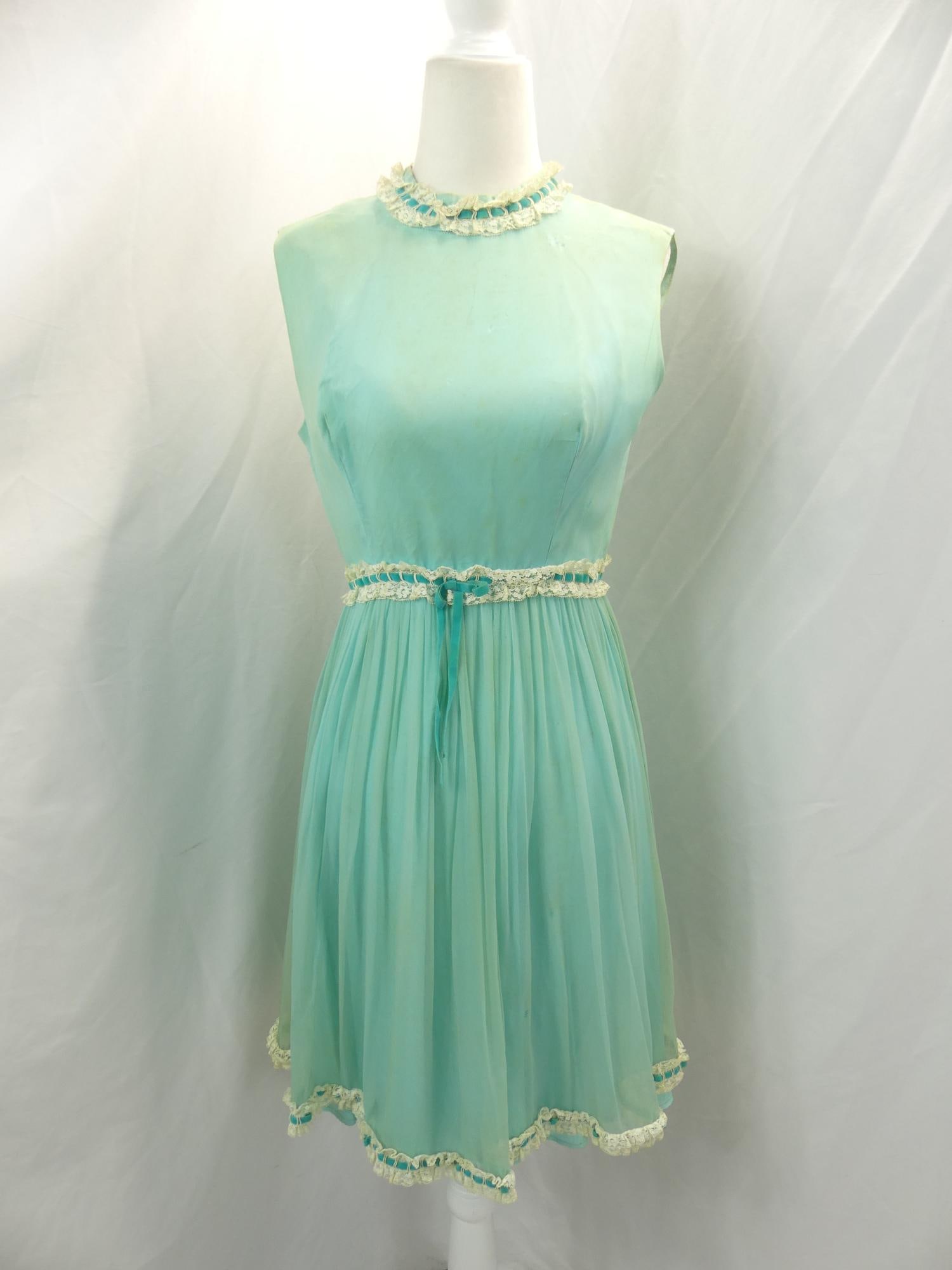 Vintage 1950/60's Blue Chiffon Party Dress: approx. 36 bust, 26 waist, has staining and holes, see photo's