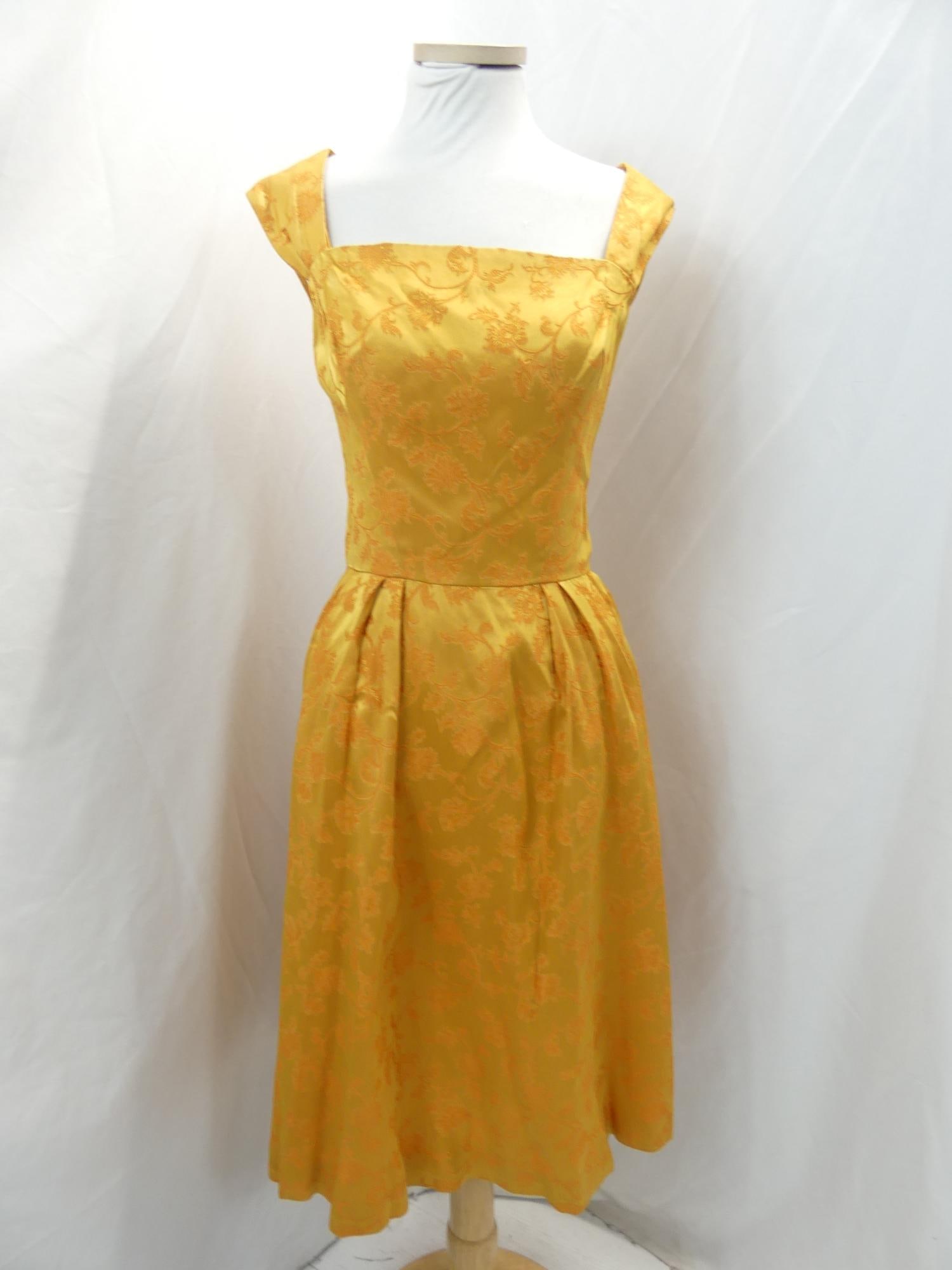 Vintage 1960's Rappi Gold & Orange Cocktail Dress: approx. 34-36 bust, 24 waist, a couple tiny holes, see photo's