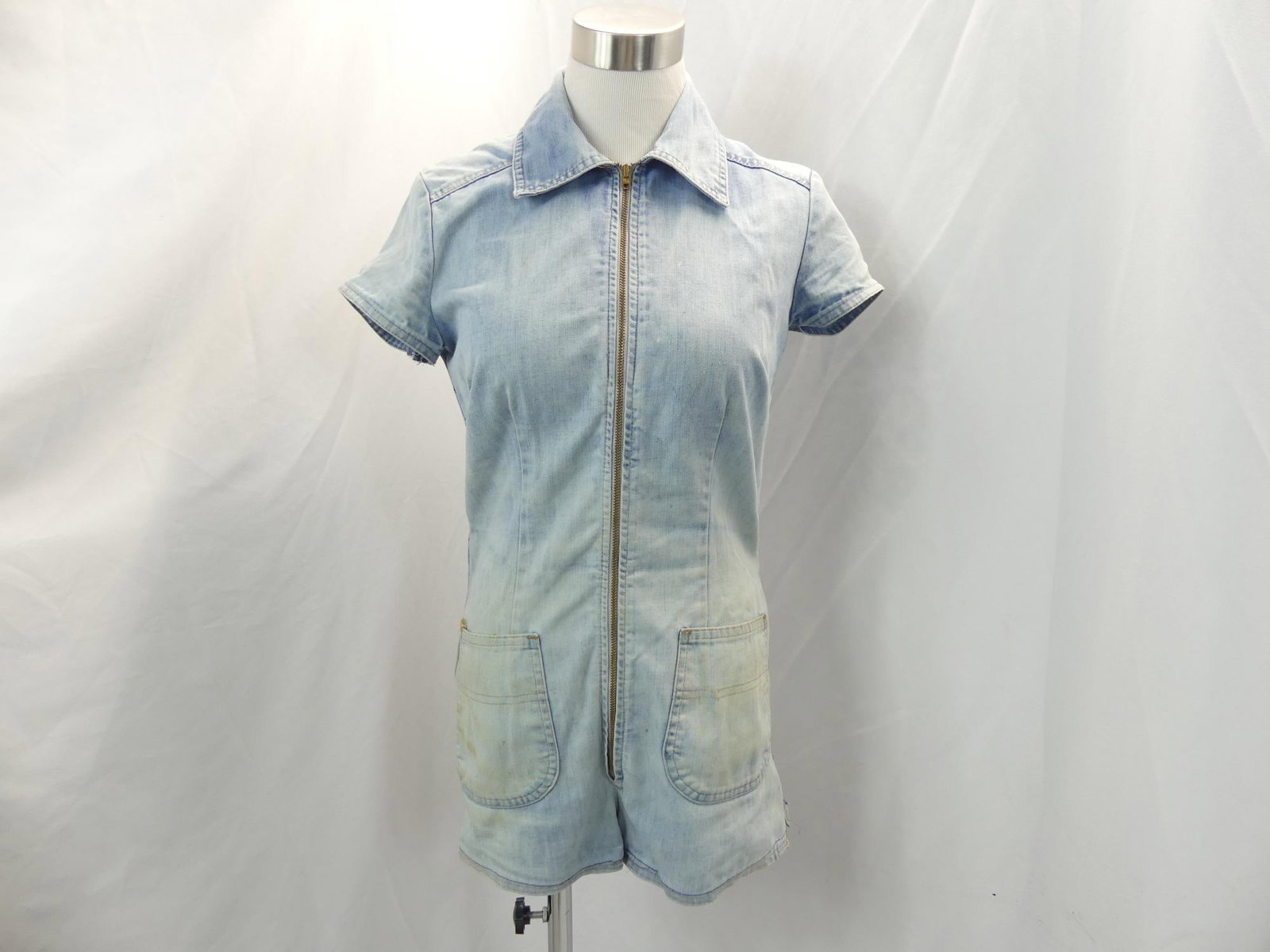 Vintage 1970's Light Blue Denim Romper: approx. 36 bust, 30 waist, some soil marks and needs a seam repair, see photo's