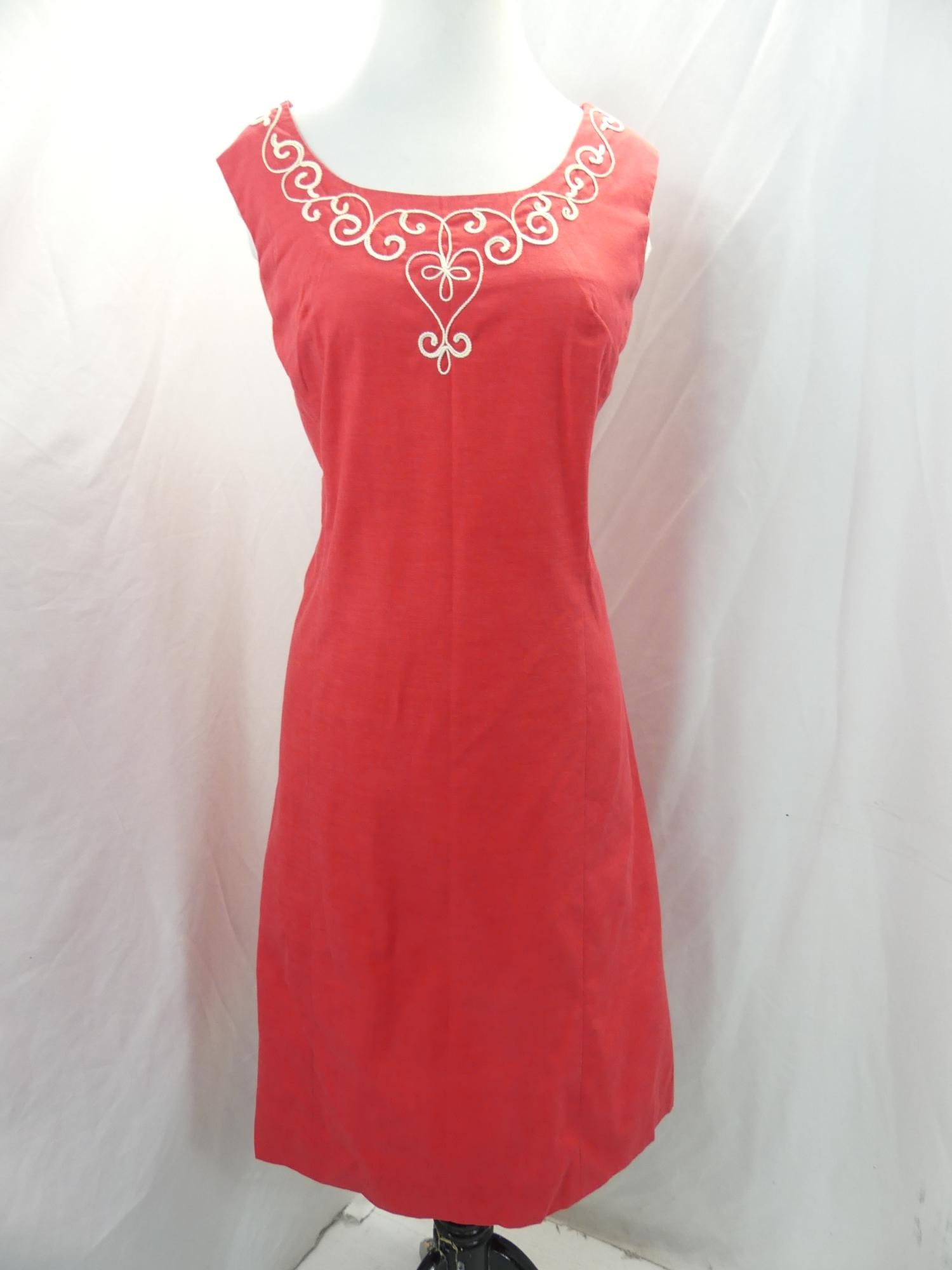 Vintage 1960's Red Cotton Shift with Corde Detail: approx. 38 bust, 34 waist, good condition, see photo's