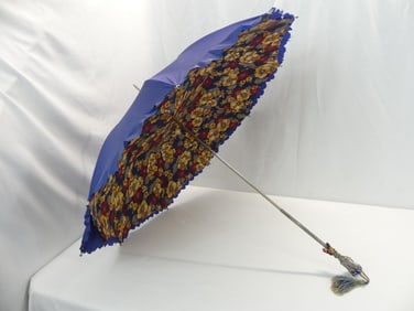 Vintage 1940/50's Navy Blue & Floral Rayon Umbrella with Jeweled Handle