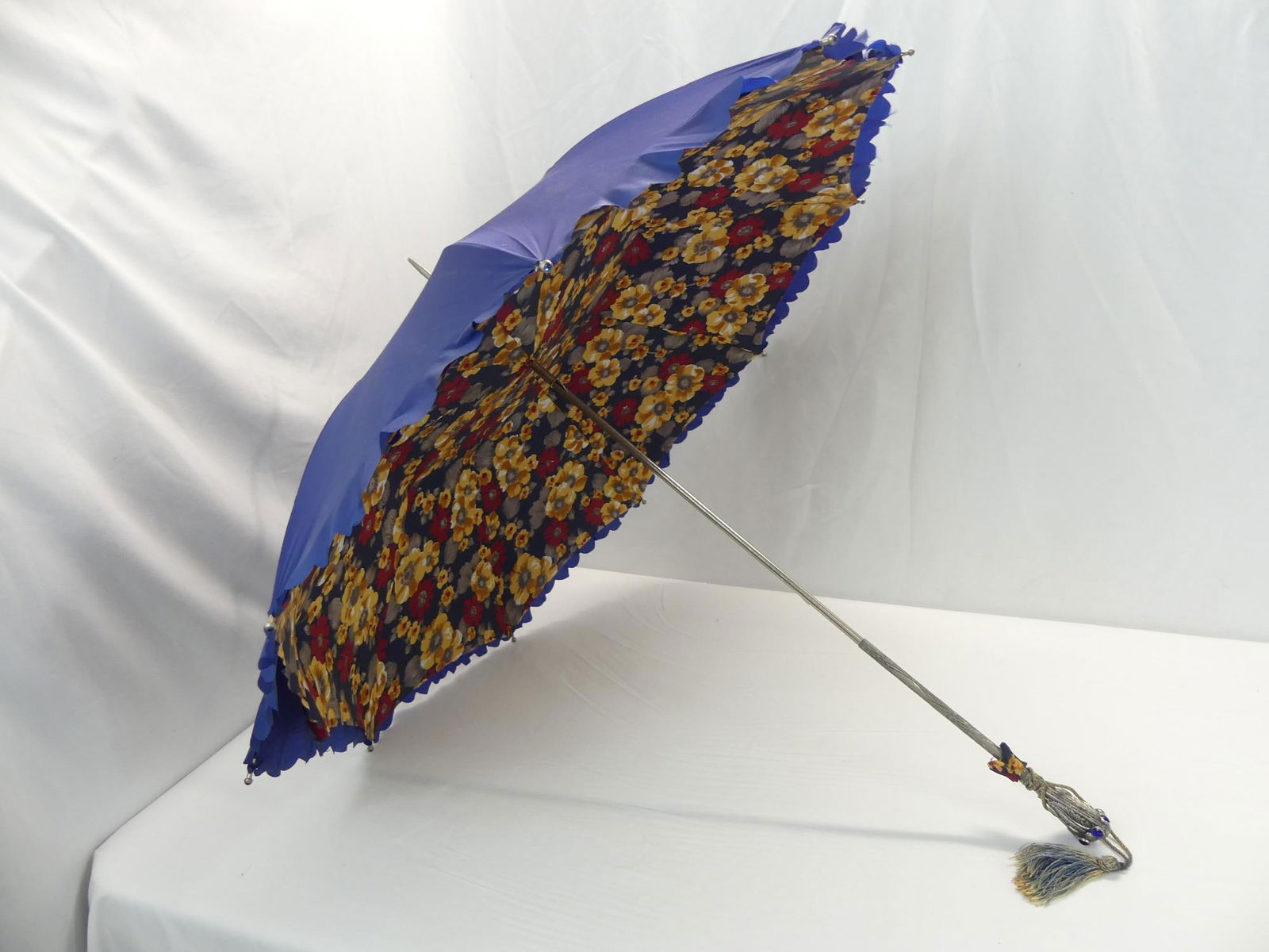 Vintage 1940/50's Navy Blue & Floral Rayon Umbrella with Jeweled Handle