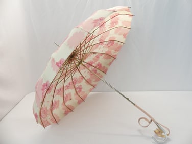 Vintage 1950's Pink Floral Nylon Umbrella