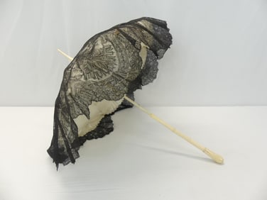 Antique 1850/60's Black Lace Carriage Parasol with Bone Handle
