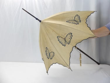 Antique 1910's Blue & White Butterfly Embroidered Eyelet Parasol with Wood Handle