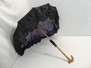 Antique 1890's Black Satin & Lace Parasol with Wood Handle