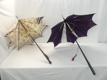 Lot of 2 Antique 1910's Silk Parasols with Wood handles