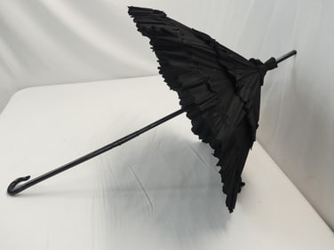 Antique 1850/60's Black Silk Ruffle Folding Parasol with Wood Handle