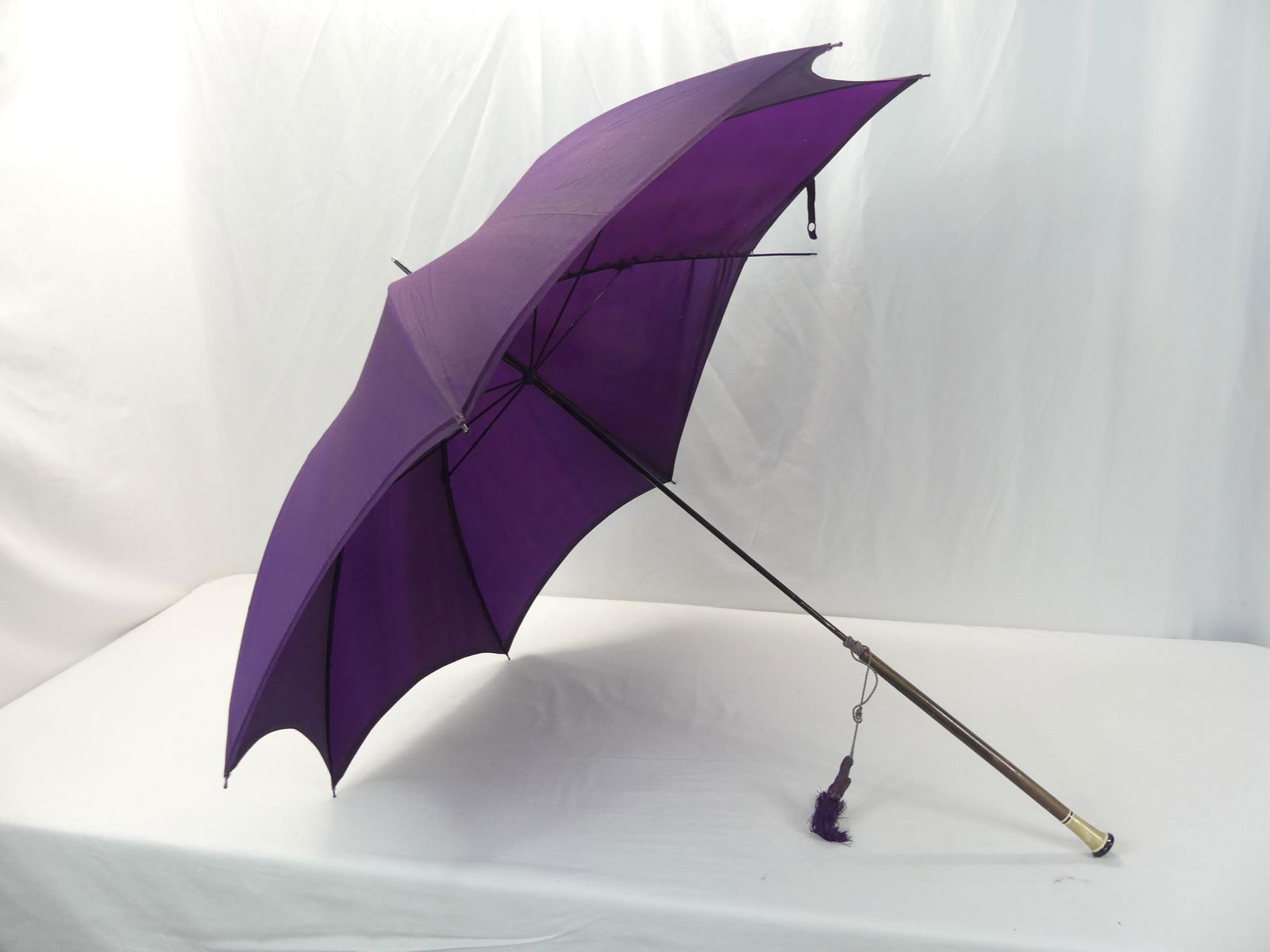Antique 1910's A. Stowell & Co. Purple Silk Parasol with Inlay Handle: approx. 40 1/2 inches, see photo's
