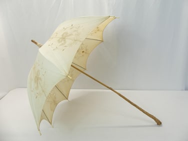 Antique 1910's Eyelet Linen & Lace Parasol with Wood Branch Handle