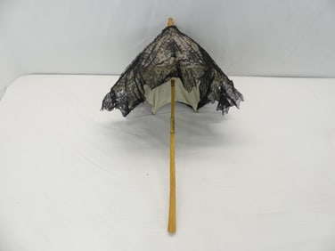 Antique 1850/60's Black Lace Folding Carriage Parasol with Carved Lucite Handle