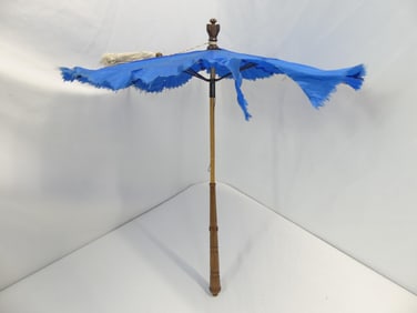 Antique 1850's Blue Silk Carriage Parasol with Carved Wood Handle