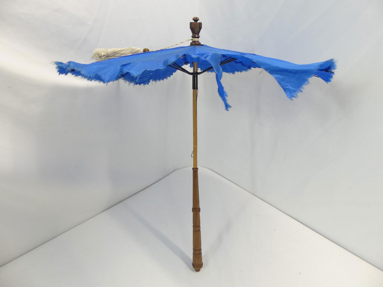 Antique 1850's Blue Silk Carriage Parasol with Carved Wood Handle: approx. 19 1/2 inches tall, see photo's