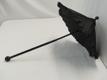 Antique 1850/60's Black Silk Folding Carriage Parasol with Wood Handle