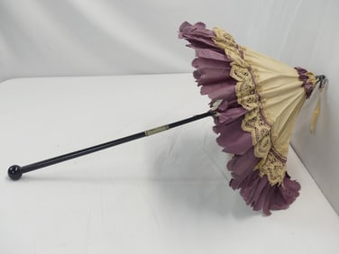 Antique 1850/60's Purple Silk, Linen & Lace Folding Parasol