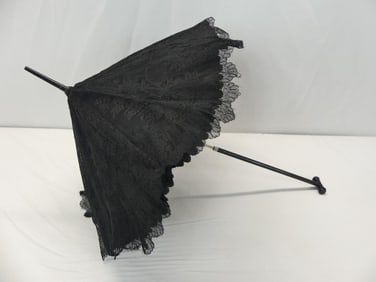 Antique 1870's Black Lace Folding Telescoping Parasol