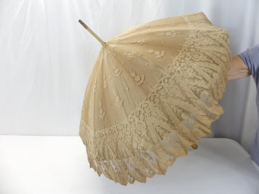 Antique 1860's Lace Parasol with Wood Branch Handle