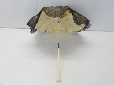 Antique 1850/60's Black Lace Folding Parasol with Bone Handle