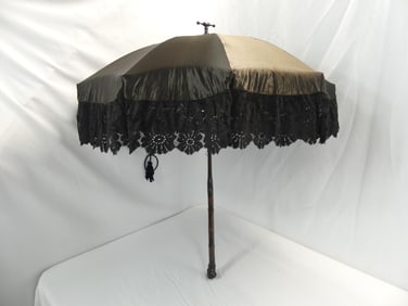 Antique 1890's Black Silk & Lace Parasol with Wood Branch Handle