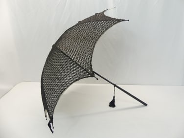 Antique 1910 Black Lace Parasol with Wood Carved Handle