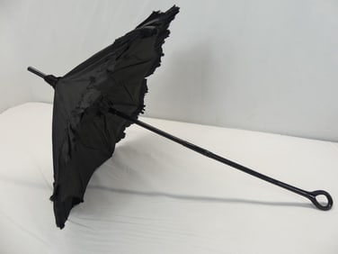Antique 1850/60's Black Silk Folding Carriage Parasol with Carved Handle