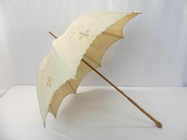 Antique 1910's Eyelet Linen & Embroidered Parasol with Bamboo Handle