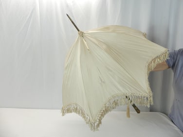 Antique 1910's White Silk & Fringe Parasol with Hand Painted Pansie Handle
