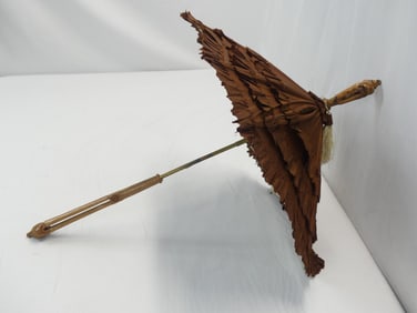 Antique 1850's Brown Silk Parasol with Elaborate Wood Carved Handle