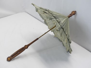 Antique 1850's Green Silk Parasol with Hand Carved Wood Handle