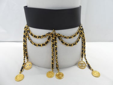 Vintage Rare Black Belt with Chanel Chains & Medals
