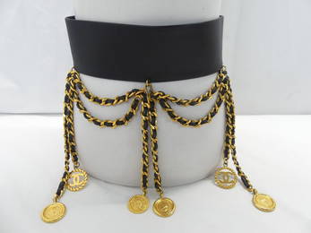 Vintage Rare Black Belt with Chanel Chains & Medals