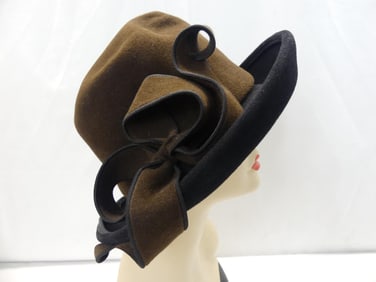 Vintage Whiteley Black & Brown Plush Felt Hat with Bow