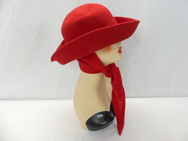 Vintage Doeskin Red Wook Felt Bowler Style Hat with Scarf