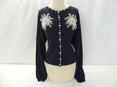 Vintage 1950's Navy Blue & White Beaded Cardigan Sweater