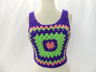 Vintage 1970's Granny Square Purple, Pink & Green, Sleeveless Sweater