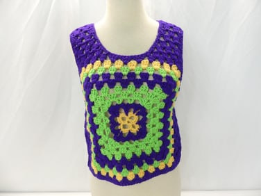 Vintage 1970's Purple, Green & Yellow Granny Square Sleeveless Sweater