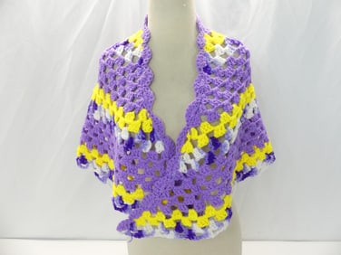 Vintage Hand Knit Purple & Yellow Crochet Shawl