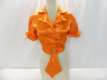 Vintage 1970's Seat Covers Bright Orange Crop Top with Elastic Tie Waist