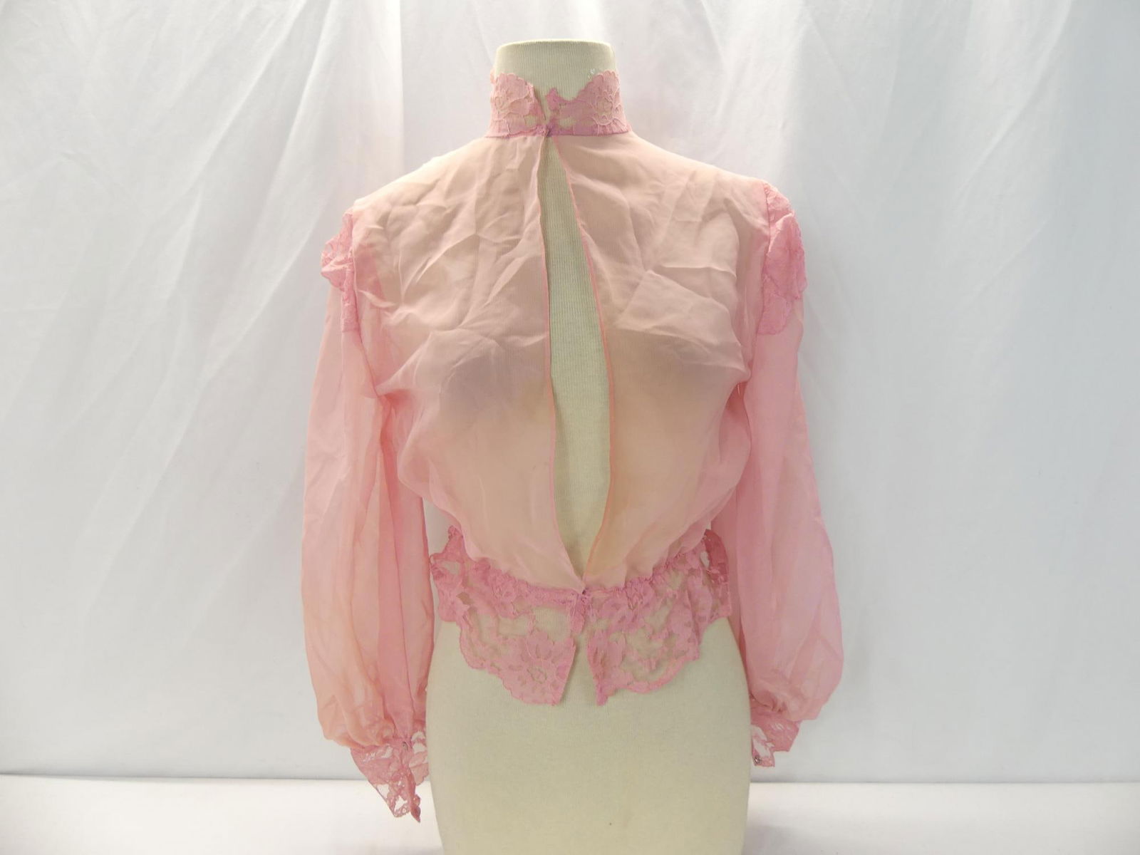 Vintage 1960's Sheer Pink Nylon Crop Jacket with Lace: approx. 34 bust, 22-30 elastic waist, see photo's