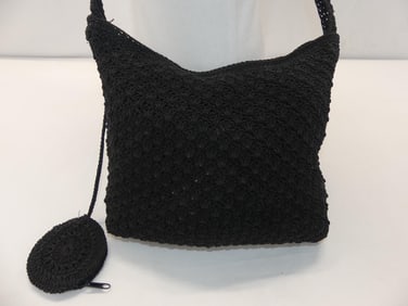 Vintage 1940's Black Corde Shoulder Bag with Attached Change Purse