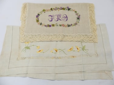 Lot of 2 Vintage Hand Embroidered Linens 1 with Lace & Monogram
