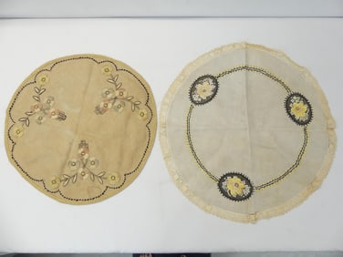 Lot of 2 Vintage Arts & Crafts Era Round Hand Embroidered Doilies