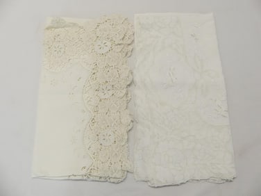 Lot of 2 Vintage Tea Table Cloth with Lace & Punched Linen Runner