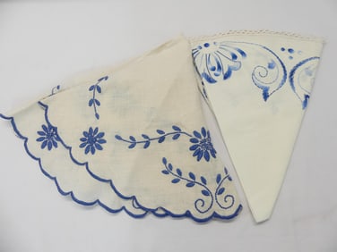 Lot of 2 Arts & Crafts Era Round Blue Embroidered Table Topper/Doilies